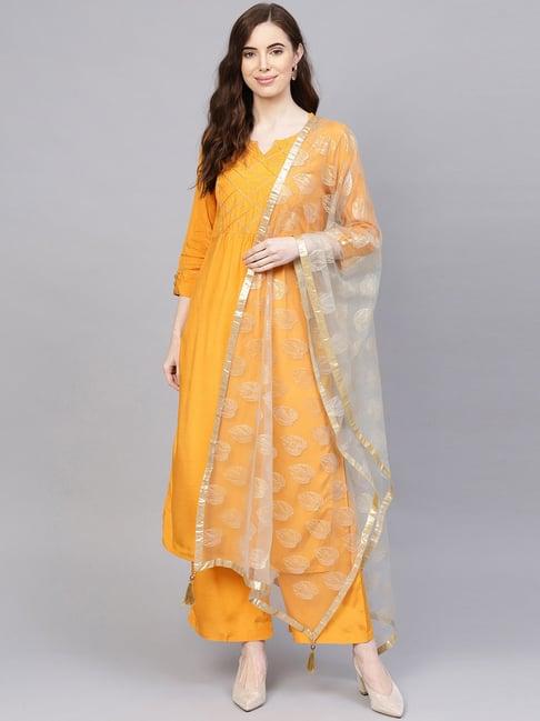 jaipur kurti mustard embroidered kurti palazzo set with dupatta