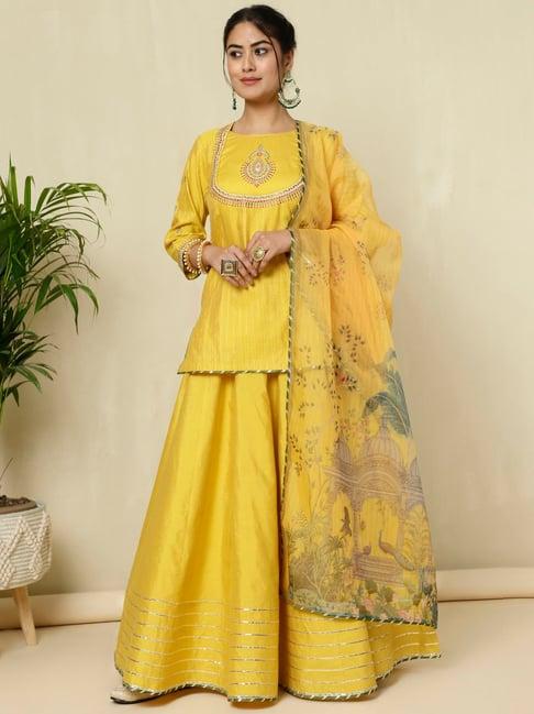 jaipur kurti mustard embroidered short kurta with skirt & dupatta