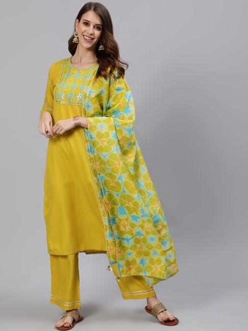 jaipur kurti mustard solid kurta with palazzos & dupatta