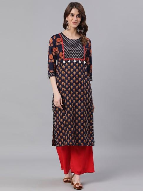 jaipur kurti navy cotton floral straight kurta