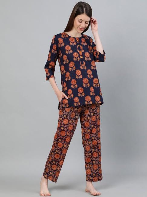 jaipur kurti navy printed short kurta with pyjamas