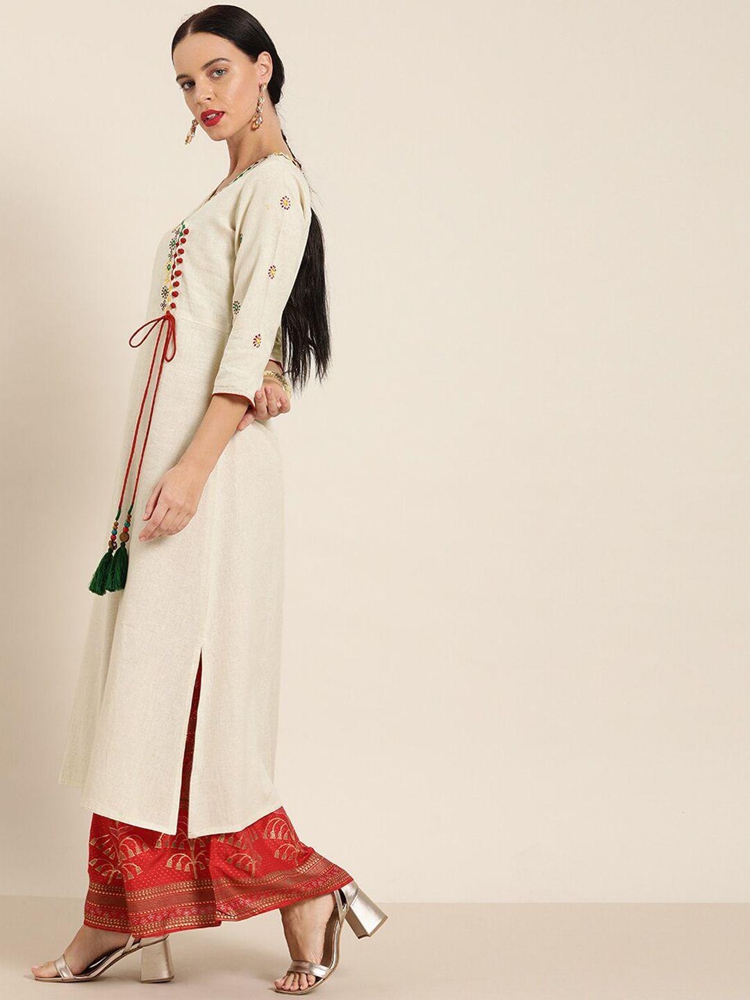 jaipur kurti off white and red embroidered cotton angrakha straight kurta