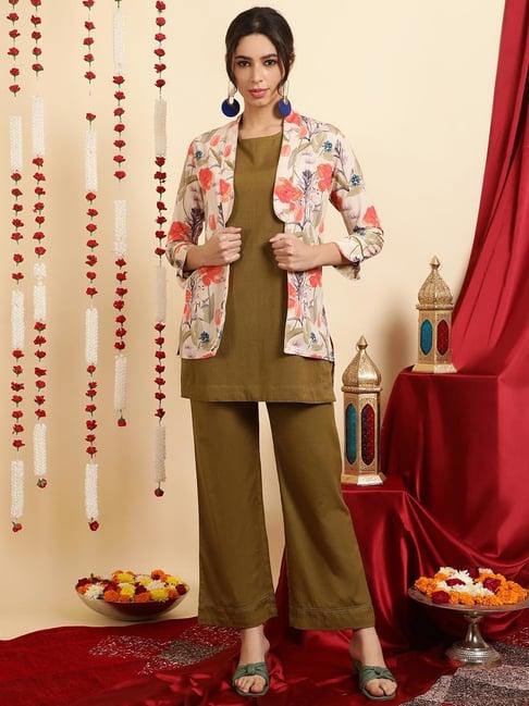 jaipur kurti olive printed kurta & palazzo set with shrug