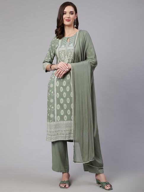 jaipur kurti olive printed kurta with palazzo & dupatta