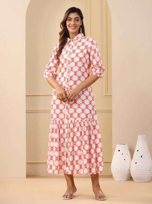 jaipur kurti orange & white cotton printed tiered a line dress