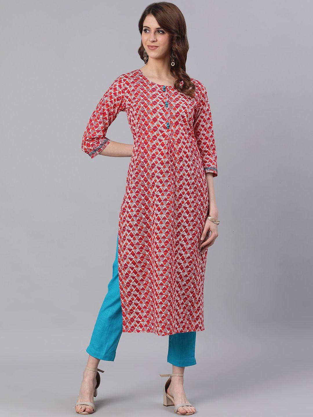 jaipur kurti orange & white geometric printed kurta