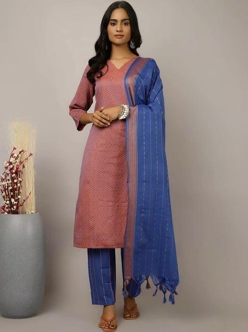 jaipur kurti peach & blue self pattern kurta pant set with dupatta