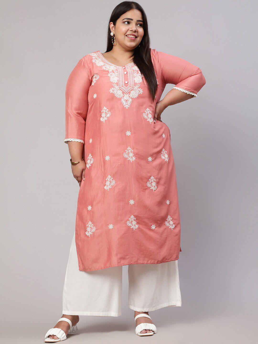 jaipur kurti peach-coloured plus size floral embroidered kurta