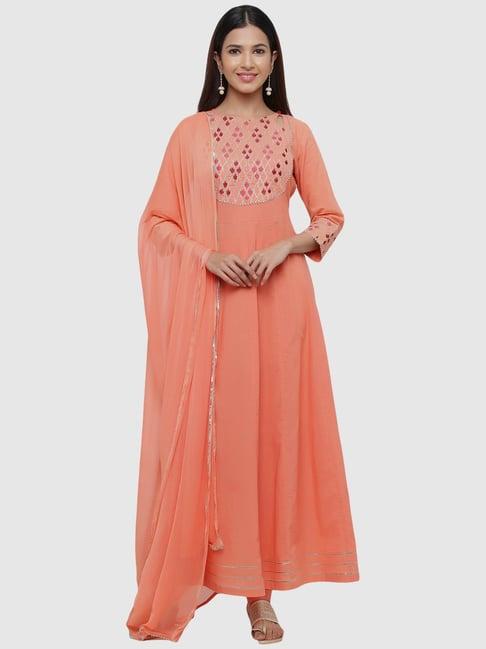 jaipur kurti peach cotton embroidered kurta churidar set with dupatta