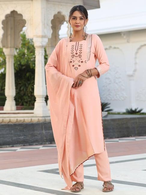 jaipur kurti peach embroidered kurta with pant & dupatta