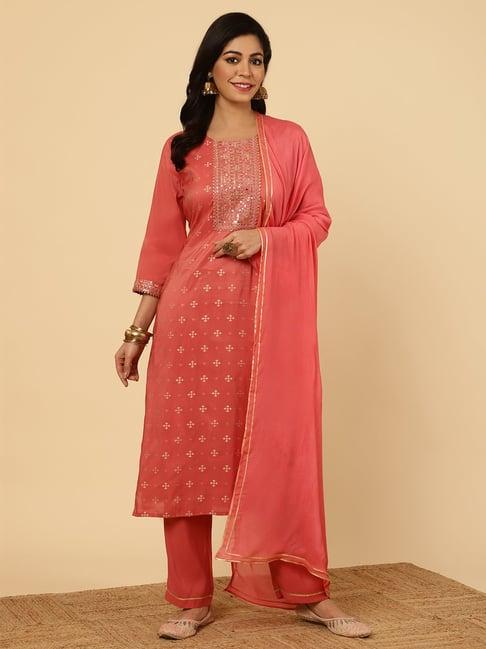 jaipur kurti peach printed kurta with pant & dupatta