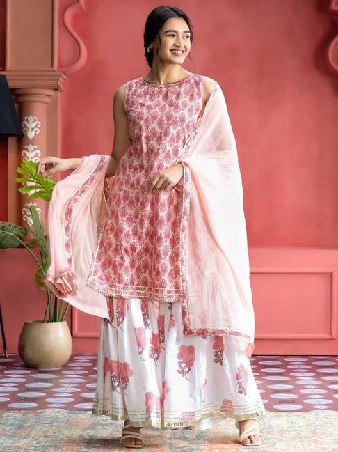 jaipur kurti peach printed kurta with sharara & dupatta