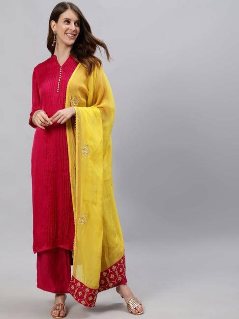 jaipur kurti pink and yellow solid kurta with palazzos & dupatta