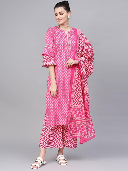 jaipur kurti pink cotton floral print kurta palazzo set with dupatta