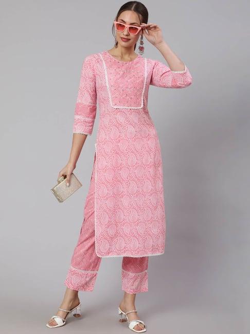 jaipur kurti pink cotton printed kurta pant set