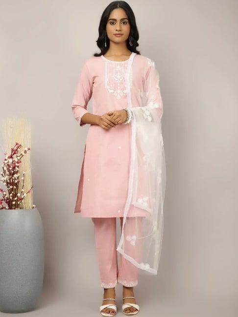 jaipur kurti pink embroidered kurti pant set with dupatta