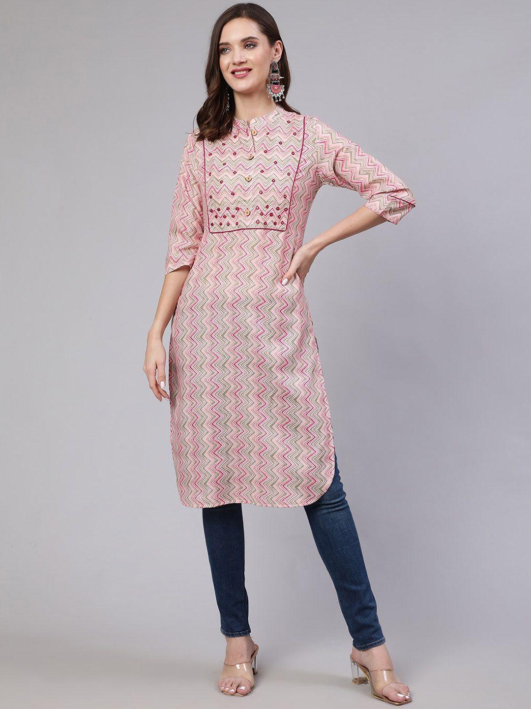 jaipur kurti pink ethnic motifs printed mandarin collar kurta