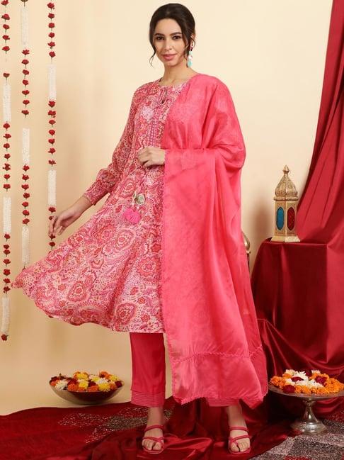 jaipur kurti pink floral print anarkali kurta with pant & dupatta