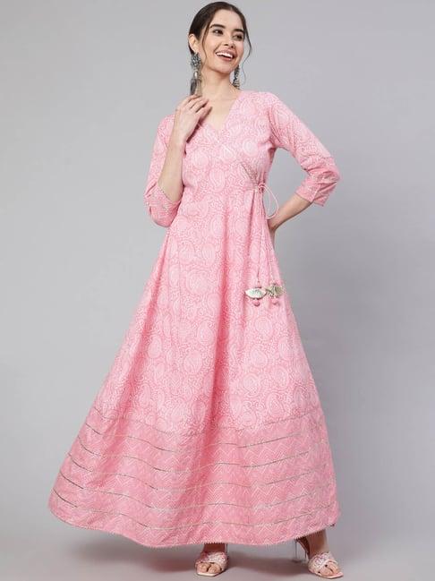 jaipur kurti pink printed angrakha kurta