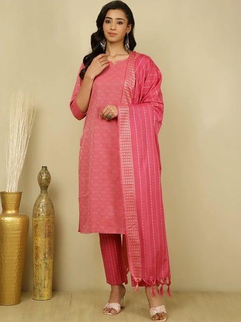 jaipur kurti pink self pattern kurta pant set with dupatta