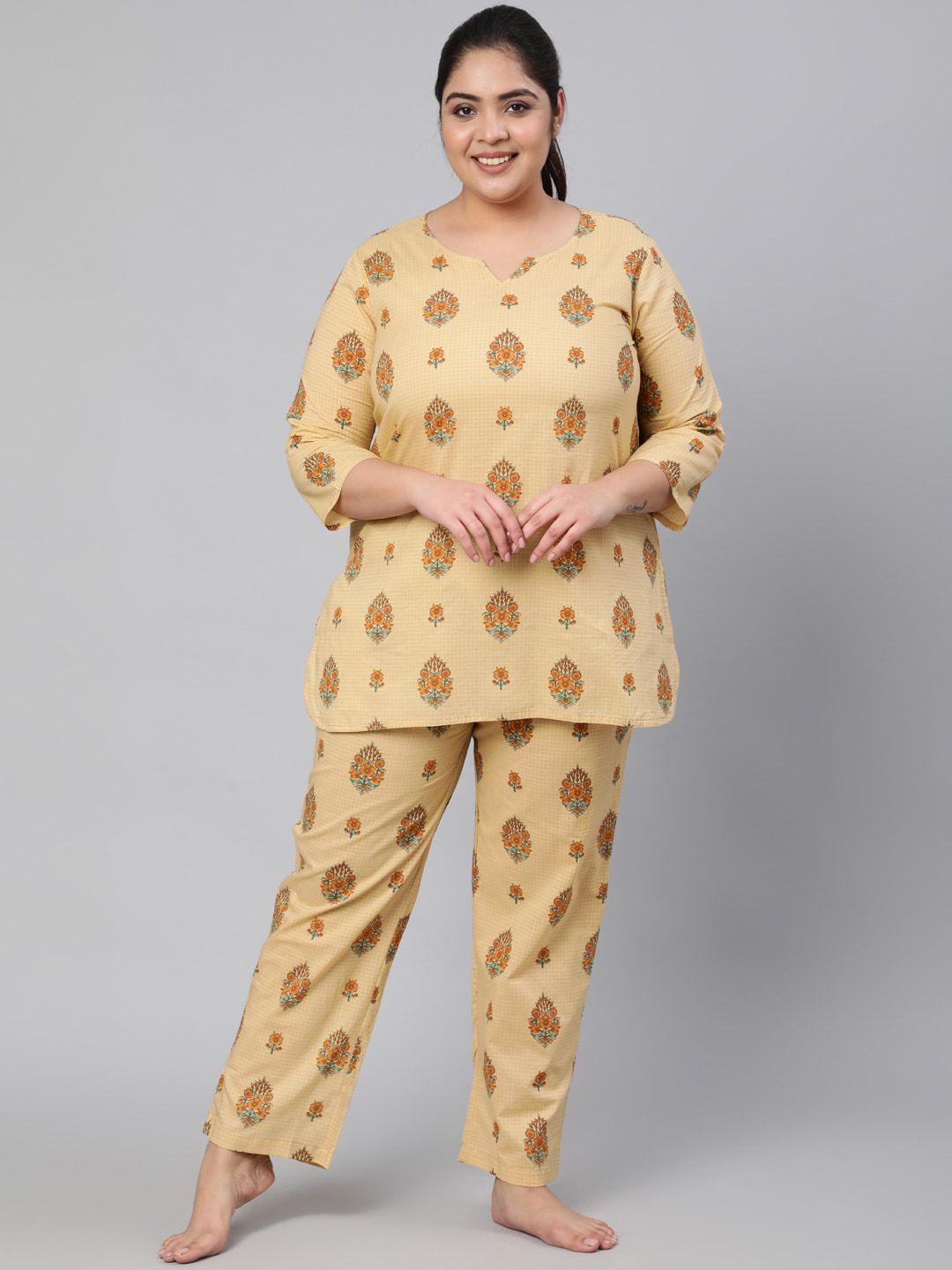 jaipur kurti plus size beige printed pure cotton night suit