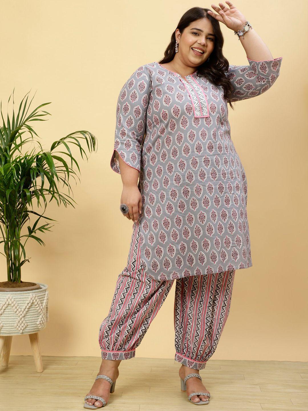 jaipur kurti plus size ethnic motifs printed pure cotton straight kurta with harem pants