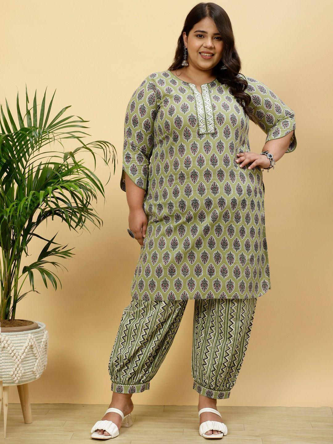 jaipur kurti plus size ethnic motifs printed pure cotton straight kurta with trousers