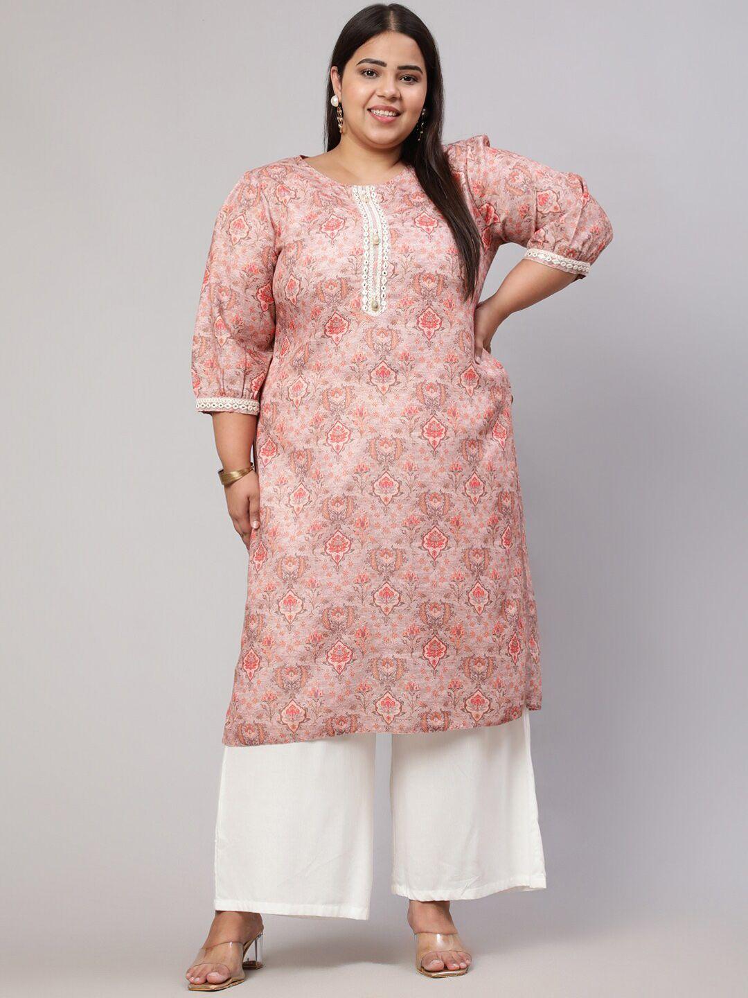 jaipur kurti plus size floral printed puff sleeves mirror work kurta