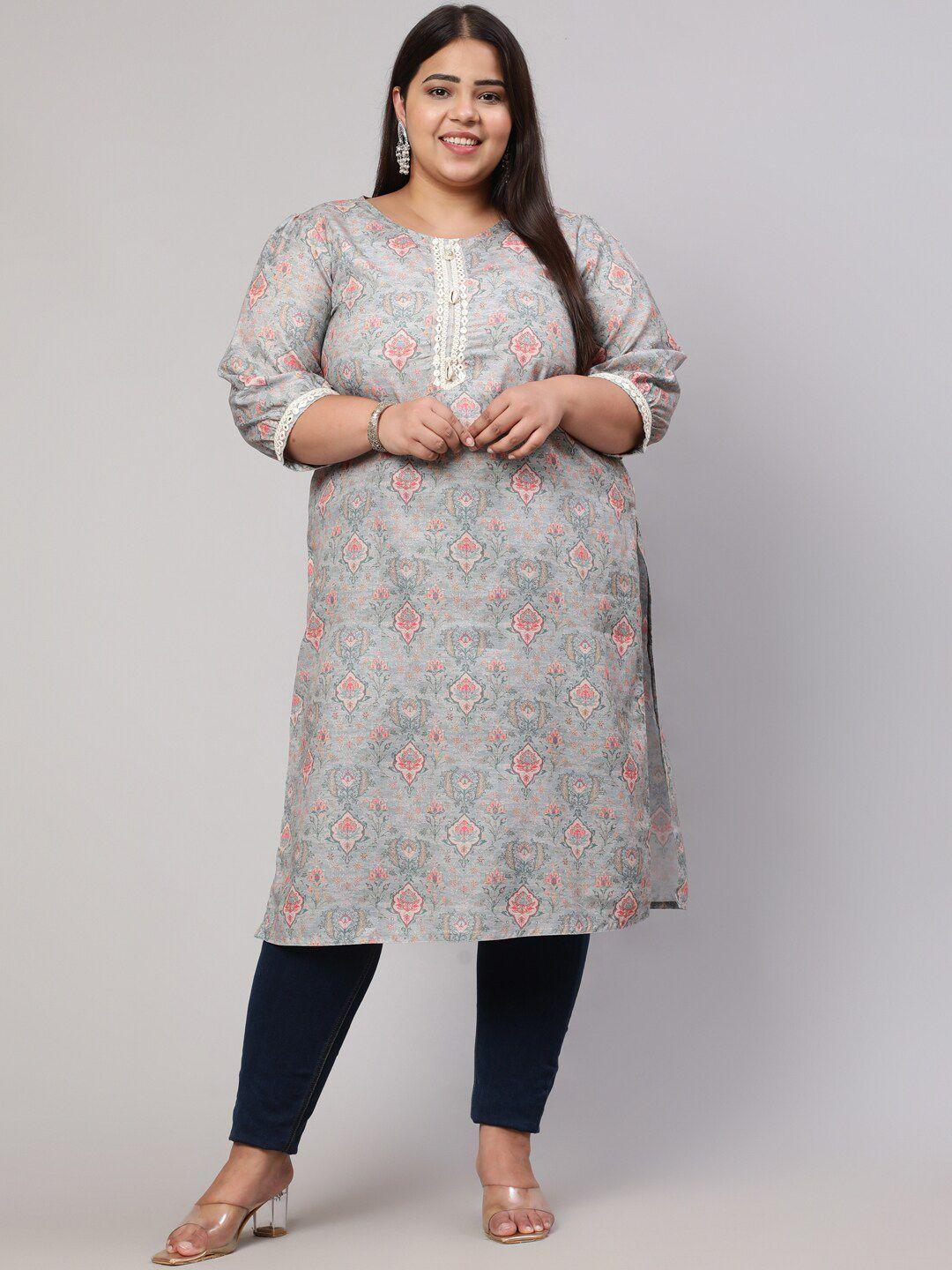 jaipur kurti plus size floral printed puff sleeves mirror work kurta