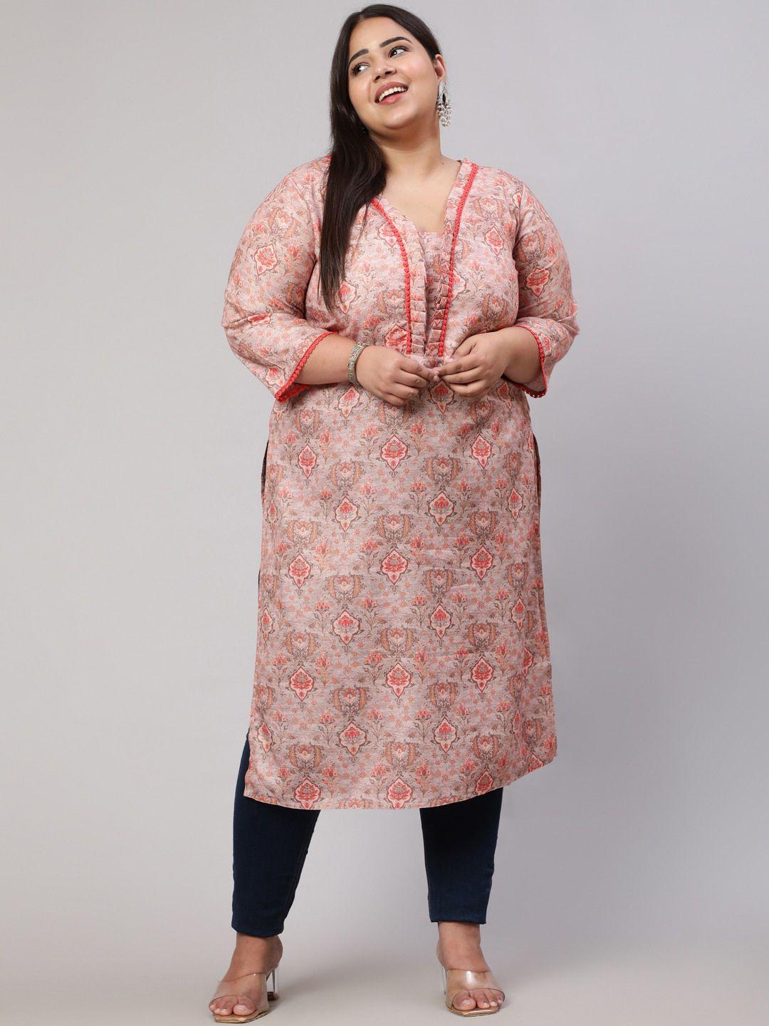 jaipur kurti plus size floral printed v-neck kurta