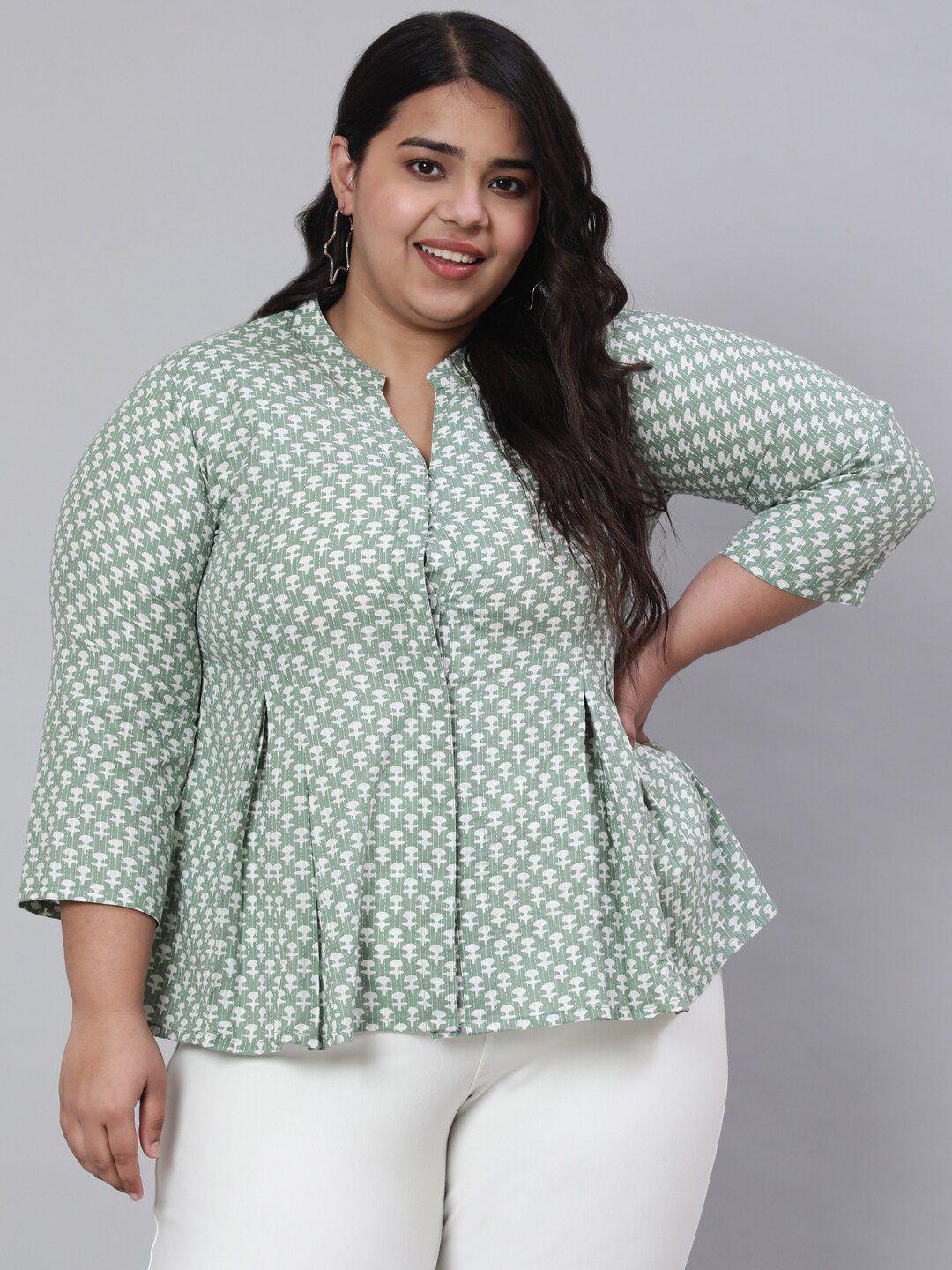 jaipur kurti plus size geometric printed cotton mandarin collar a-line top