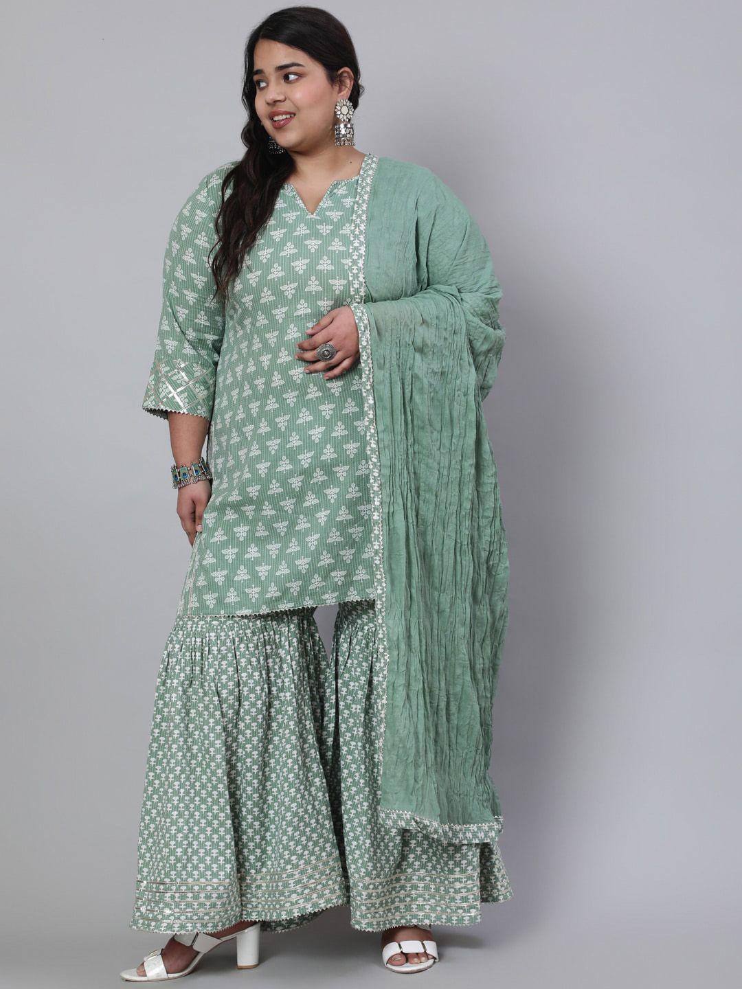 jaipur kurti plus size green printed embroidered pure cotton kurta with sharara & dupatta