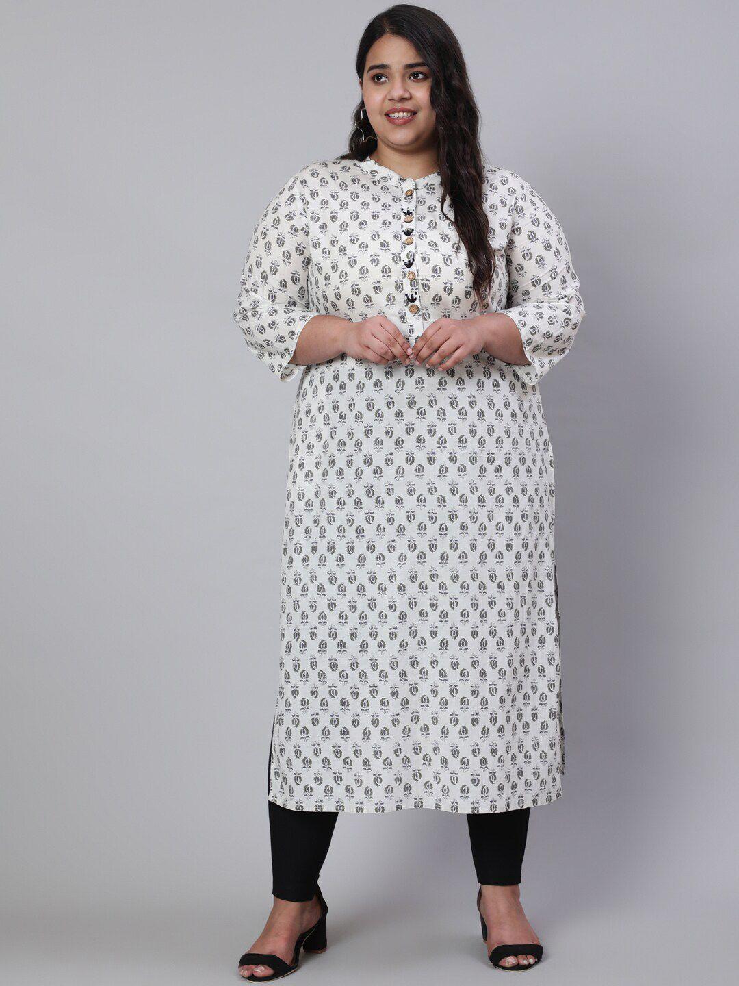 jaipur kurti plus size white & grey ethnic motif printed mandarin collar pure cotton kurta