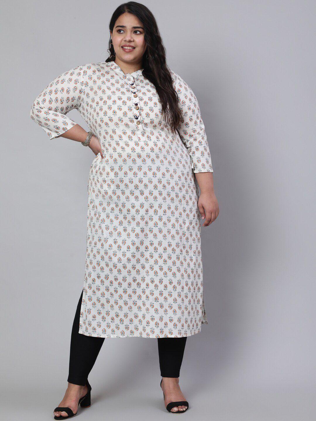 jaipur kurti plus size white & peach printed mandarin collar thread work pure cotton kurta