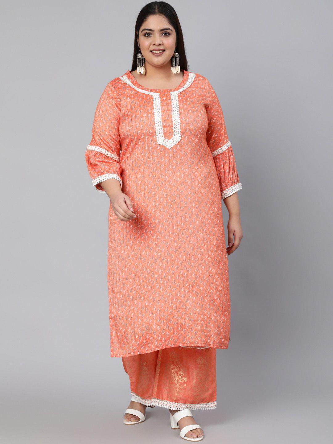 jaipur kurti plus size women orange printed kurta with palazzos