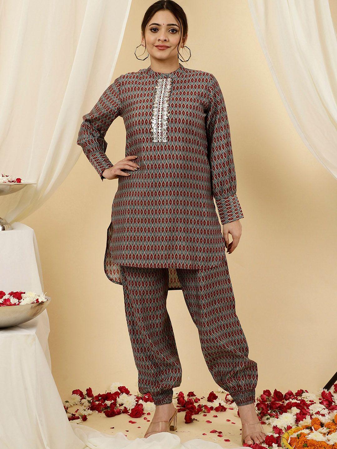 jaipur kurti printed mandarin collar mirror work tunic with trouser