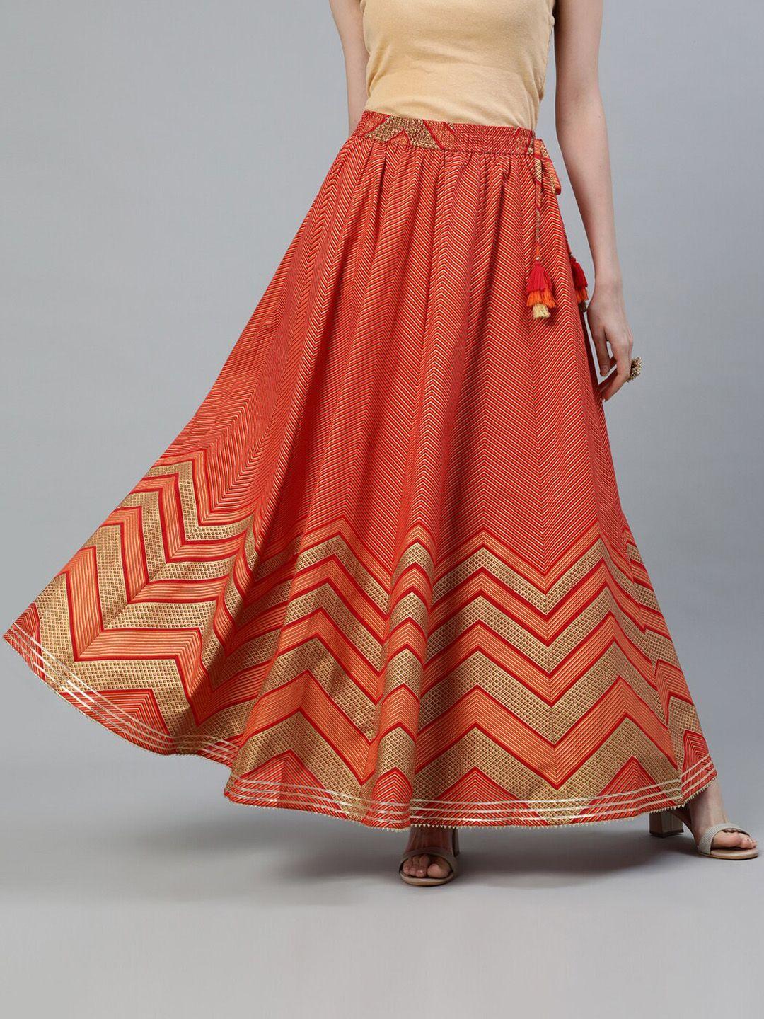 jaipur kurti red & gold-coloured printed pure cotton flared maxi skirt