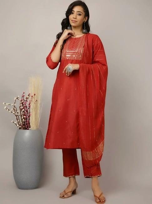 jaipur kurti red embroidered kurta pant set with dupatta