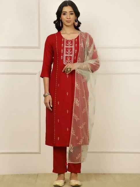 jaipur kurti red embroidered kurta pant set with dupatta