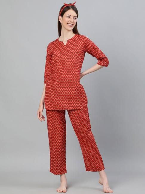 jaipur kurti red printed short kurta with pyjamas