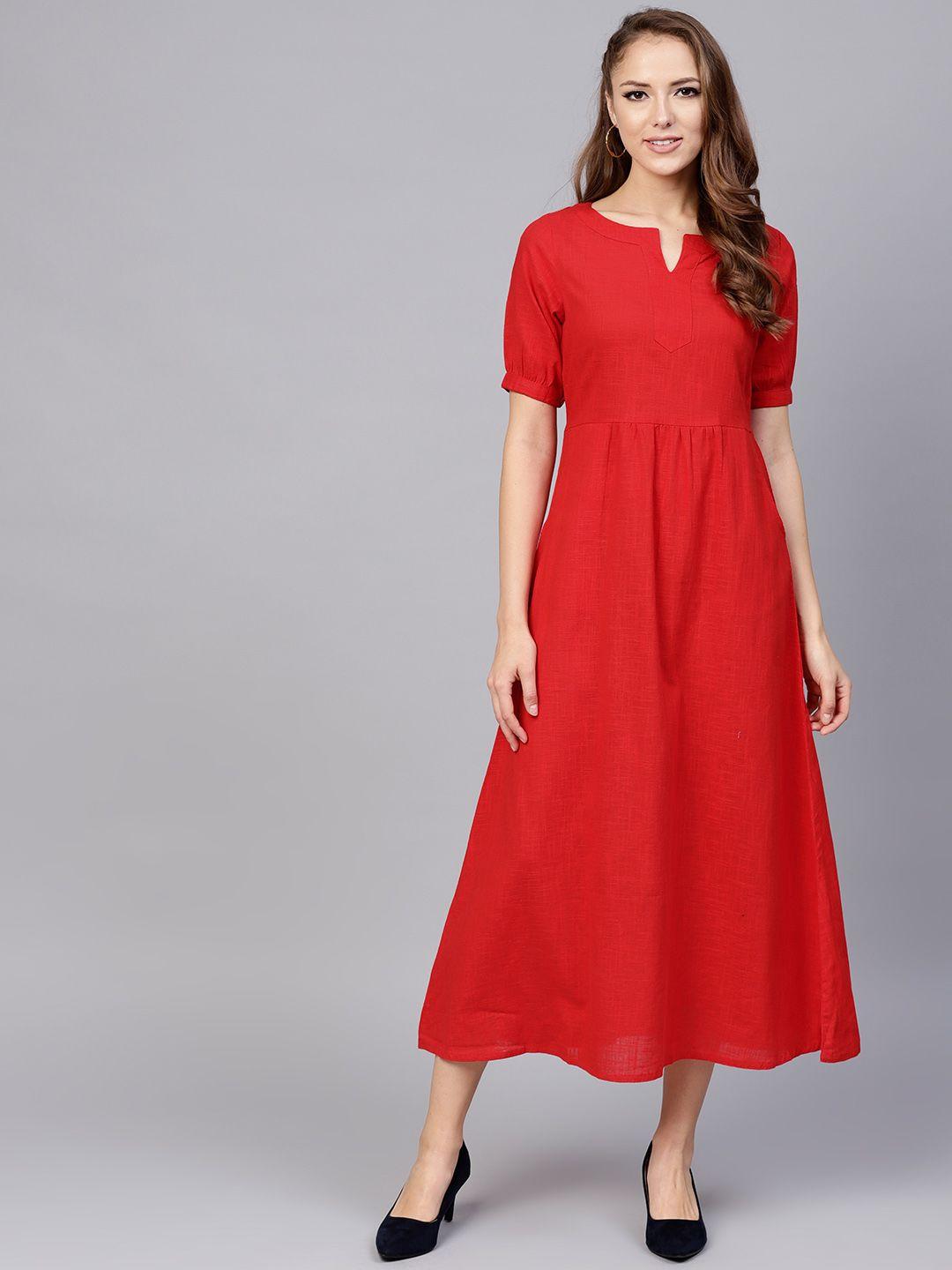 jaipur kurti red pure cotton midi a-line dress