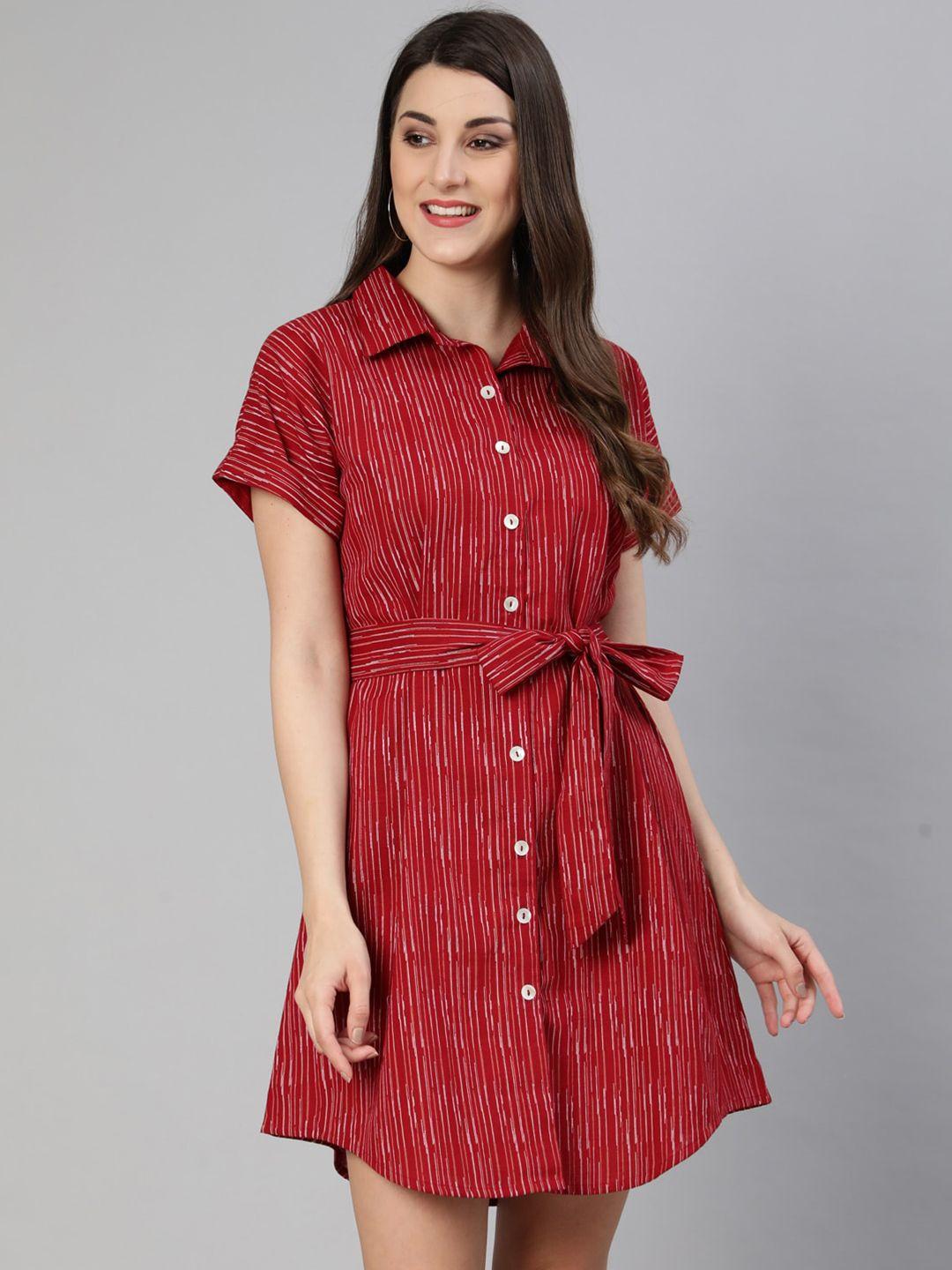 jaipur kurti red striped belted cotton shirt dress