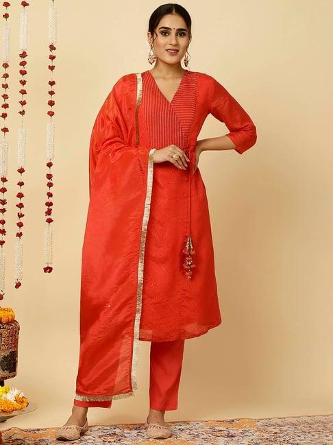 jaipur kurti red striped kurta with pant & dupatta