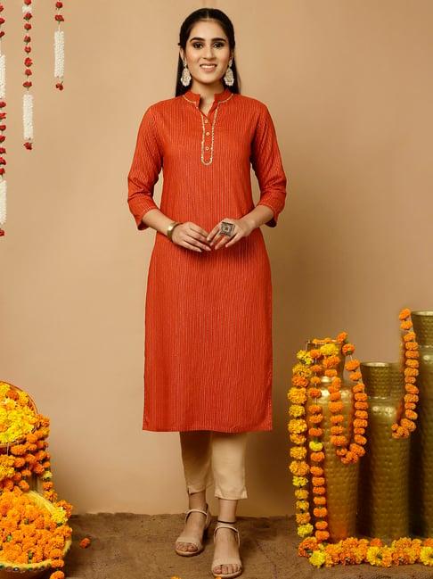 jaipur kurti rust striped straight kurta