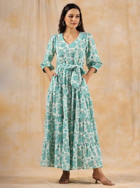 jaipur kurti sea green cotton floral print maxi dress