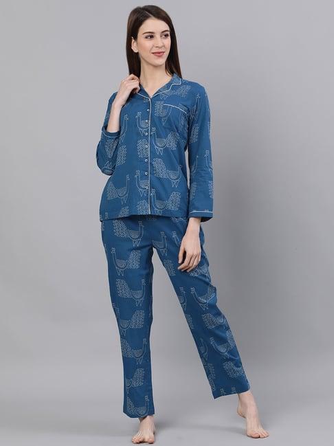 jaipur kurti teal blue cotton printed shirt pyjama set