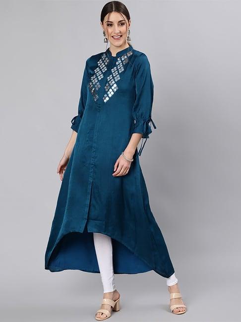 jaipur kurti teal blue embellished high low kurta