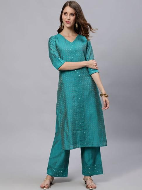 jaipur kurti teal embroidered kurta & palazzo set