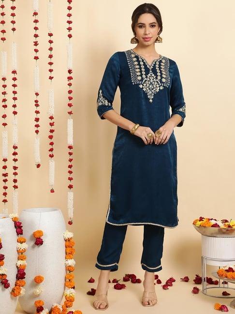 jaipur kurti teal embroidered kurta pant set