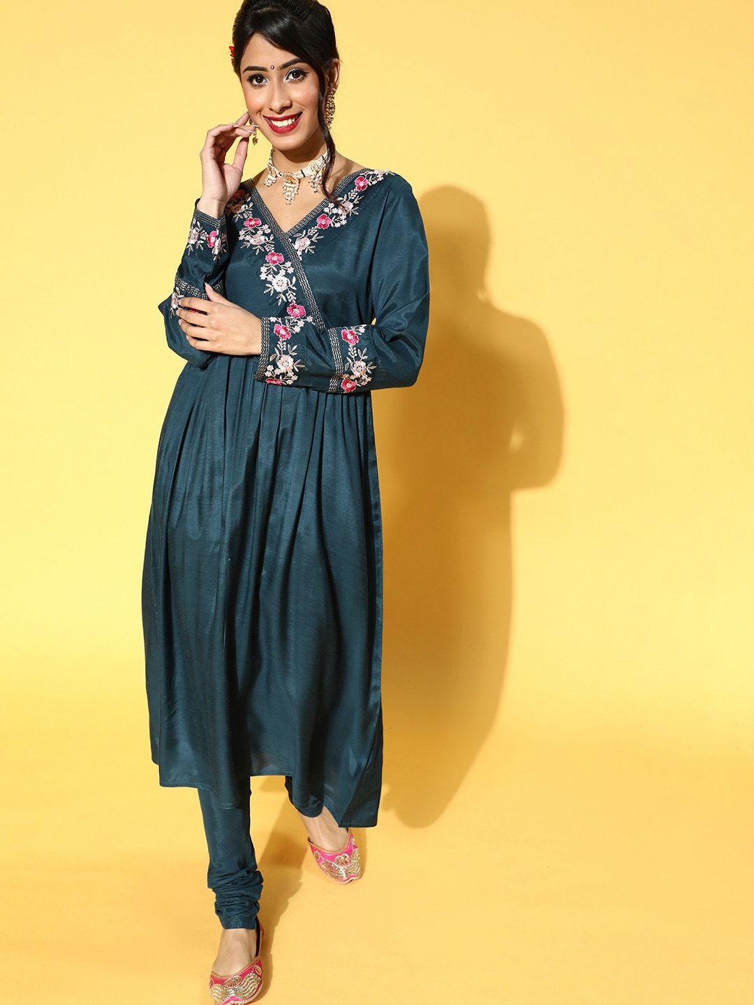 jaipur kurti teal floral embroidered empire kurta with churidar